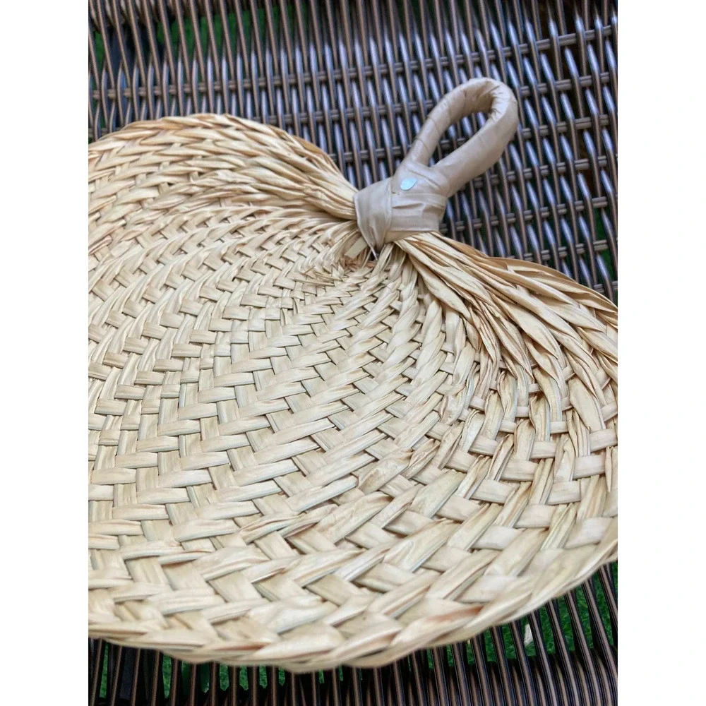 Vintage Boho Woven Raffia Fan w/ Rhinestone - Heart Shaped - Leaf Wall Decor